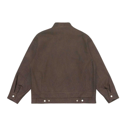 Unisex Boxy-Faux Leather Blouson Jacket with Stand Collar and Flap Pockets EVA-US