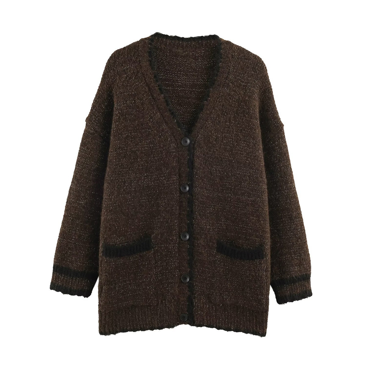 Women's Oversize Knit Cardigan with V-Neck, Button Placket and Contrasting Decorative Edges EVA-US