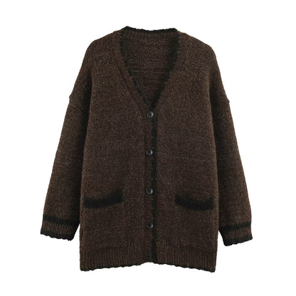 Women's Oversize Knit Cardigan with V-Neck, Button Placket and Contrasting Decorative Edges EVA-US