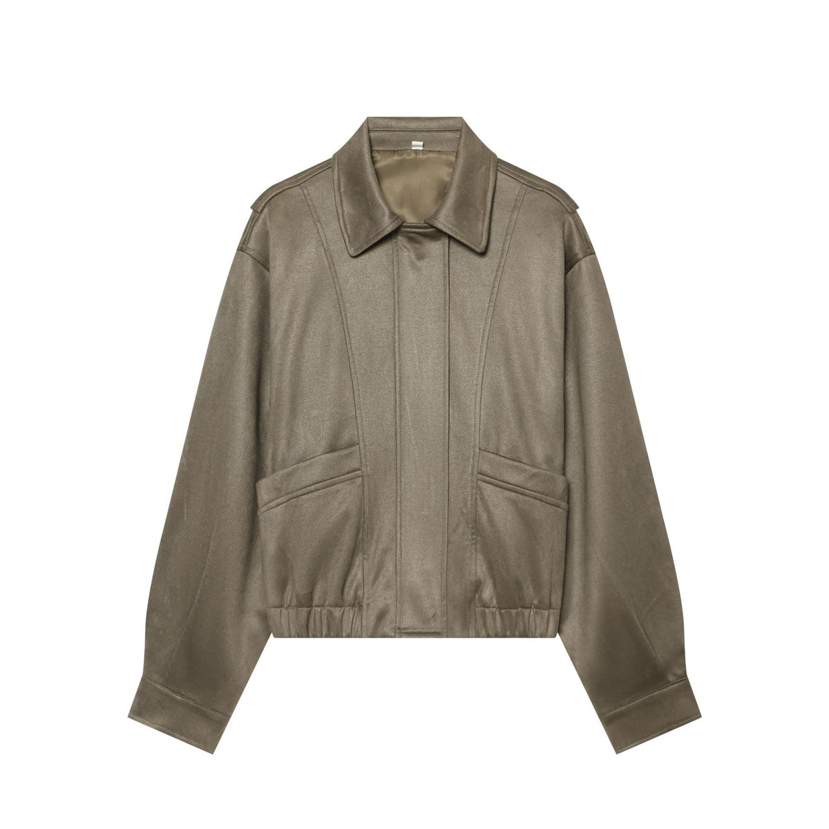 Women's cropped blouson jacket in suede look with shirt collar, epaulettes, and elastic waistband.