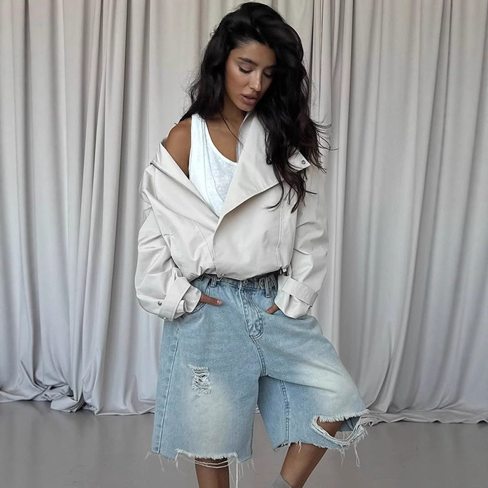 Women's short jacket in oversized look with wide lapels and drawstring waist EVA-US