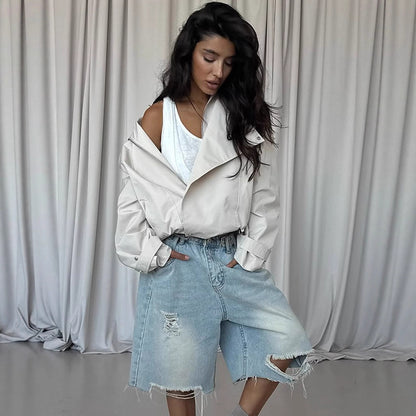 Women's short jacket in oversized look with wide lapels and drawstring waist EVA-US