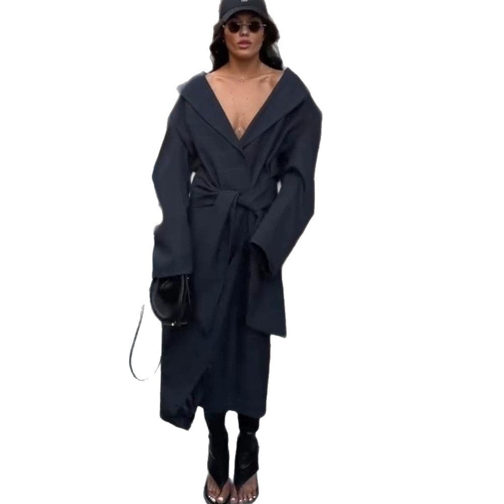 Women’s Oversize Wrap Coat with Wide Shawl Collar and Tying Belt EVA-US