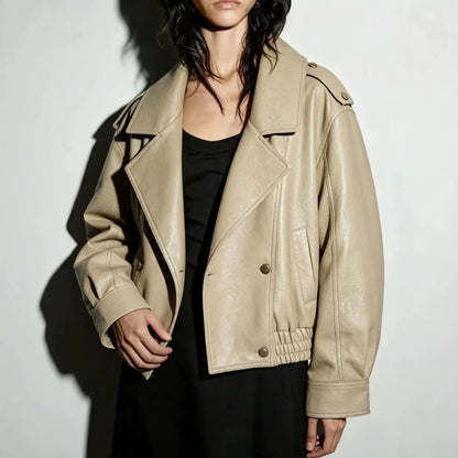 Women's Oversized Faux Leather Blouson with Double-Breasted Button Placket, Wide Lapels and Elastic Hem