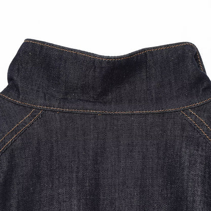 Women's Cropped Denim Jacket with Waist Belt, Stand Collar and Balloon Sleeves EVA-US