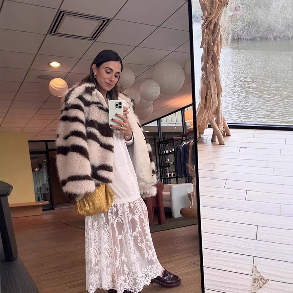 Women Striped Oversize Faux Fur Coat with Short Boxy Cut EVA-US