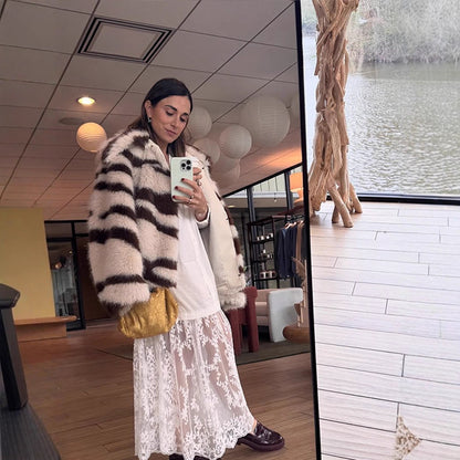 Women Striped Oversize Faux Fur Coat with Short Boxy Cut EVA-US