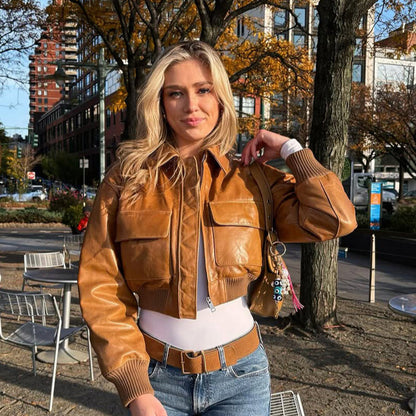 Women's Short Leather-Look Blouson Jacket with Large Flap Pockets and Ribbed Cuff EVA-US