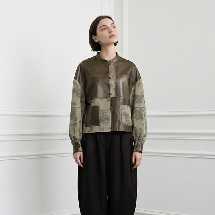 Women's short jacket in leather look and jacquard with stand-up collar EVA-US