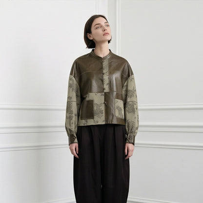 Women's short jacket in leather look and jacquard with stand-up collar EVA-US