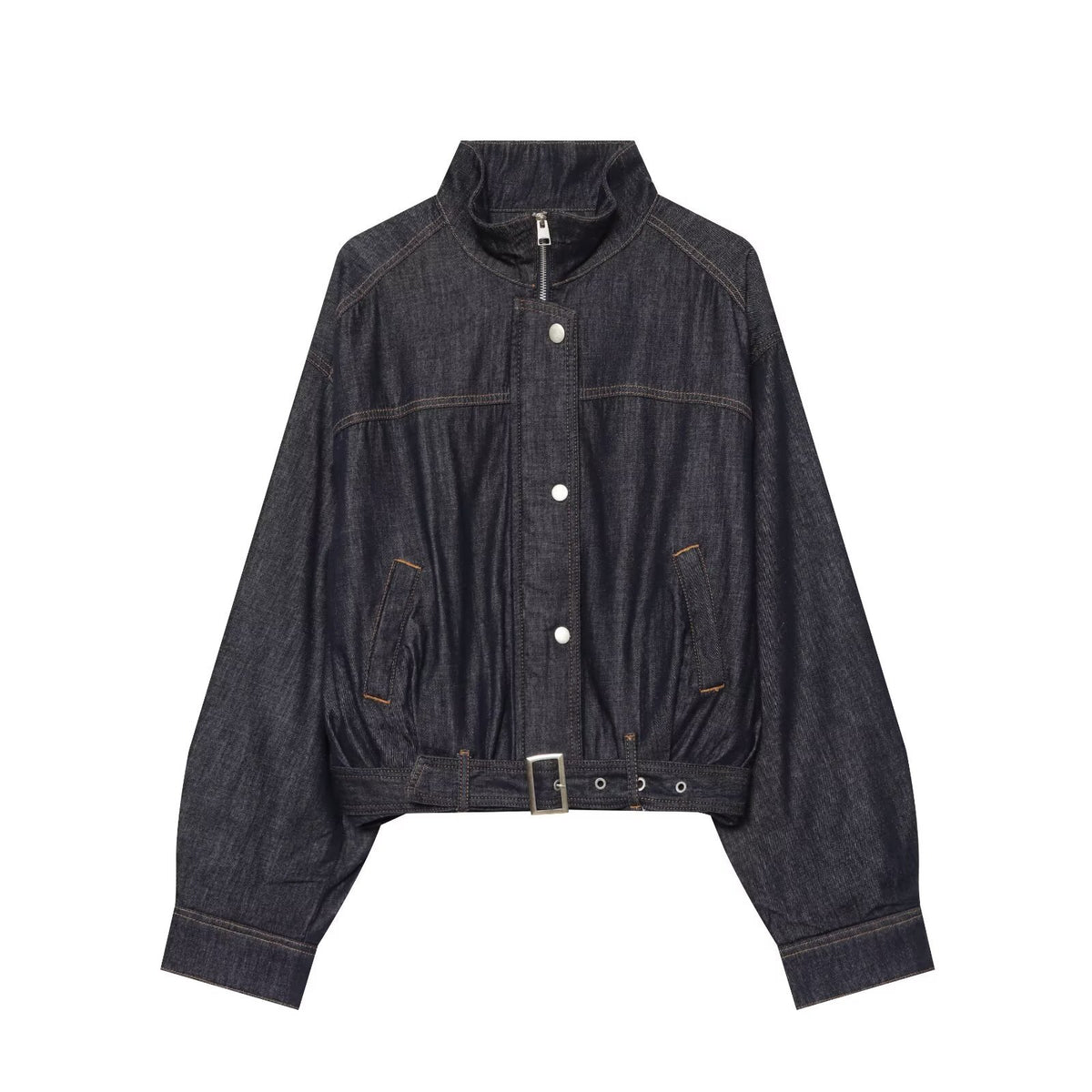 Women's Cropped Denim Jacket with Waist Belt, Stand Collar and Balloon Sleeves EVA-US
