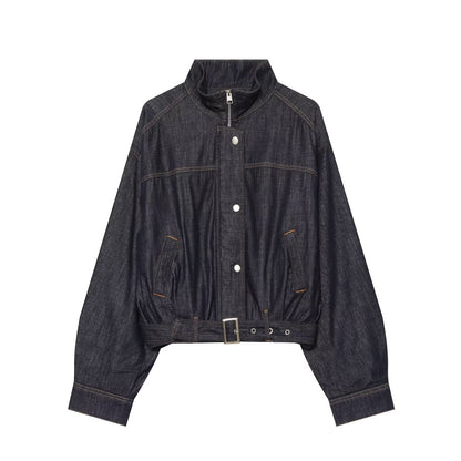 Women's Cropped Denim Jacket with Waist Belt, Stand Collar and Balloon Sleeves EVA-US
