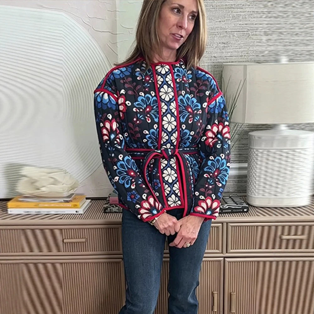 Women's Tailored Quilted Jacquard Cotton Jacket with Folk Floral Pattern & Tied Belt EVA-US