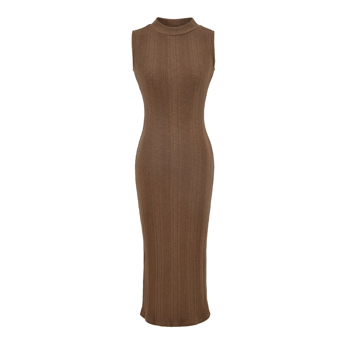 Women’s midi dress in rib knit, sleeveless slim-fit with stand-up collar EVA-US