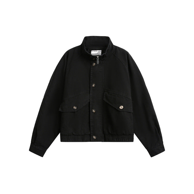 Unisex Short Cut Boxy Canvas Blouson Jacket with Funnel Collar, Patch Flap Pockets and Elastic Hem EVA-US
