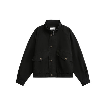 Unisex Short Cut Boxy Canvas Blouson Jacket with Funnel Collar, Patch Flap Pockets and Elastic Hem EVA-US
