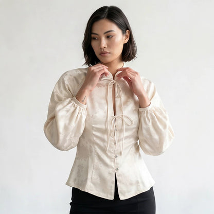 Women's Jacquard Satin Blouse with Stand Collar, Tie Ribbons and Tailored Peplum EVA-US
