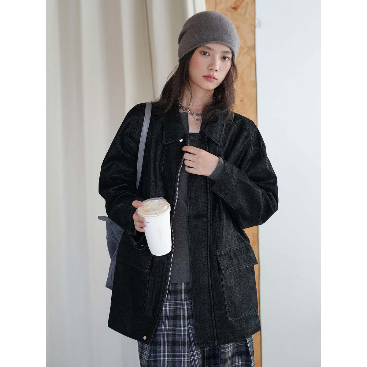 Women's Oversize Faux Leather Coat with Zipper and Patch Pockets EVA-US