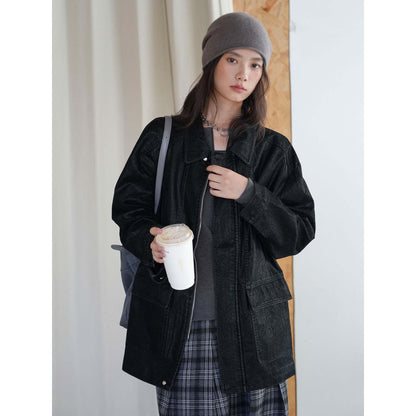 Women's Oversize Faux Leather Coat with Zipper and Patch Pockets EVA-US