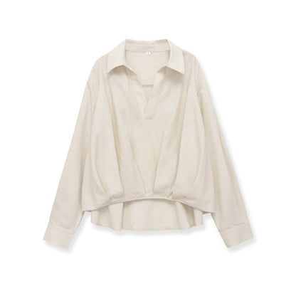 Women's Oversized Linen Blouse with Open V-Neck and Gathered Hem EVA-US