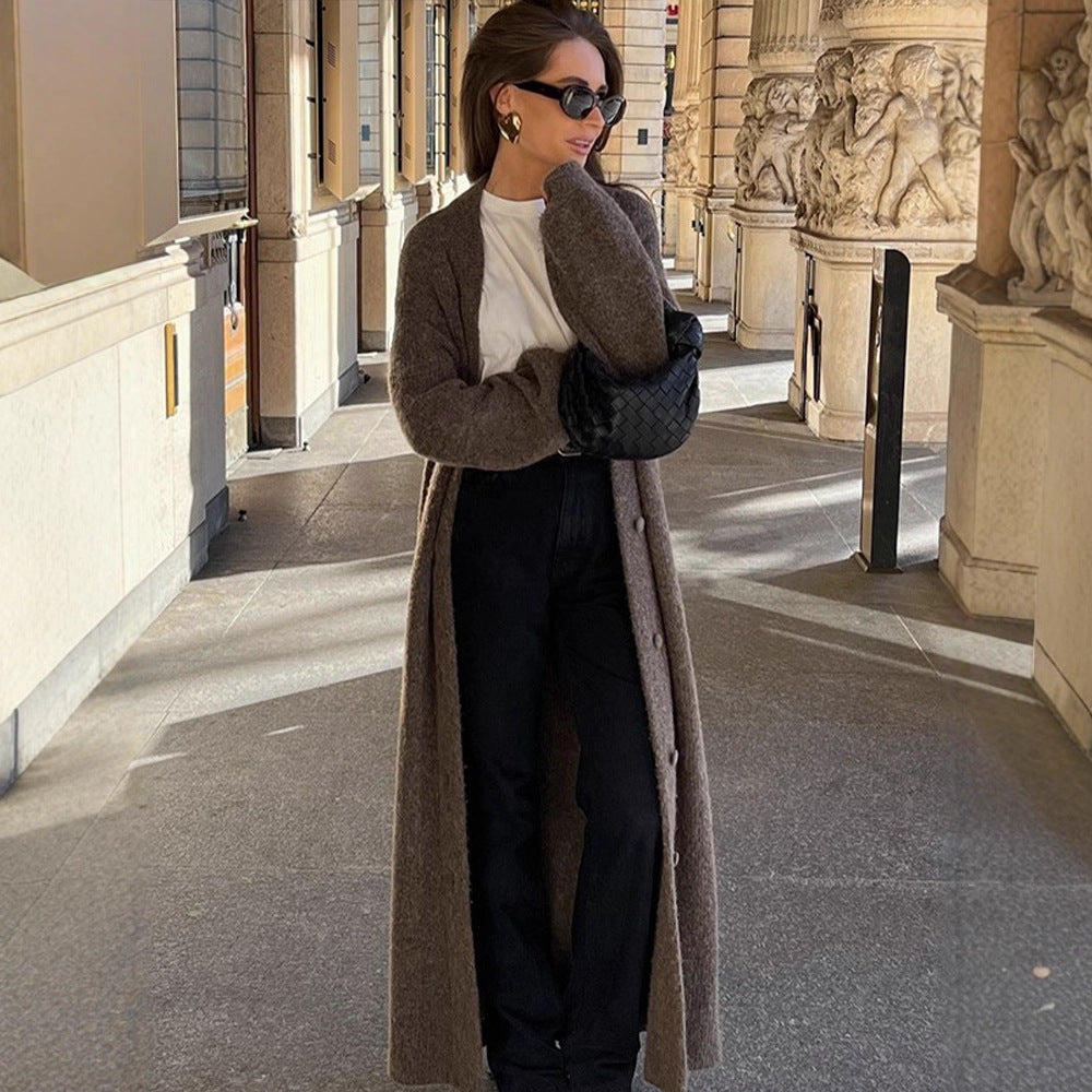 Women's Maxi Long Knit Coat in Mohair Look with Concealed Button Placket and Loose Silhouette EVA-US