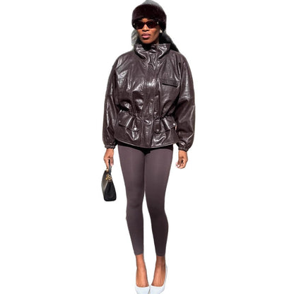 Women's Oversize Faux Leather Blouson with High Stand-Up Collar and Drawstring Waist