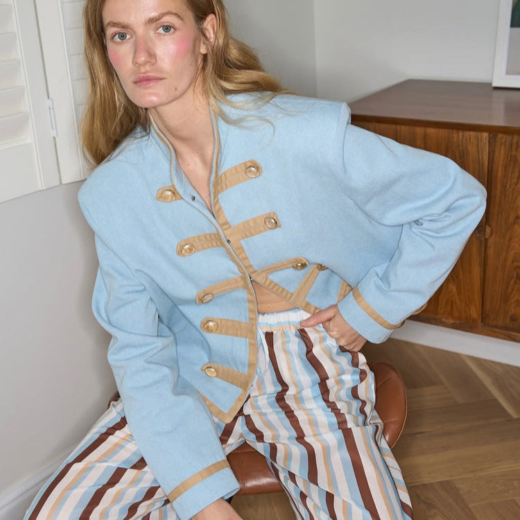 Women's Striped Lightweight Loungewear Set Made of Viscose with Cropped Shirt & Loose Drawstring Pants EVA-US