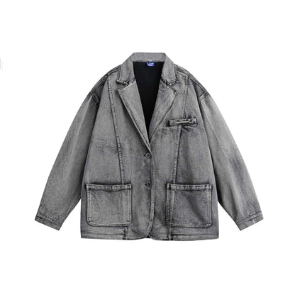 Unisex Oversized Denim Jacket in Vintage Wash with Lapel Collar and Patch Pockets EVA-US