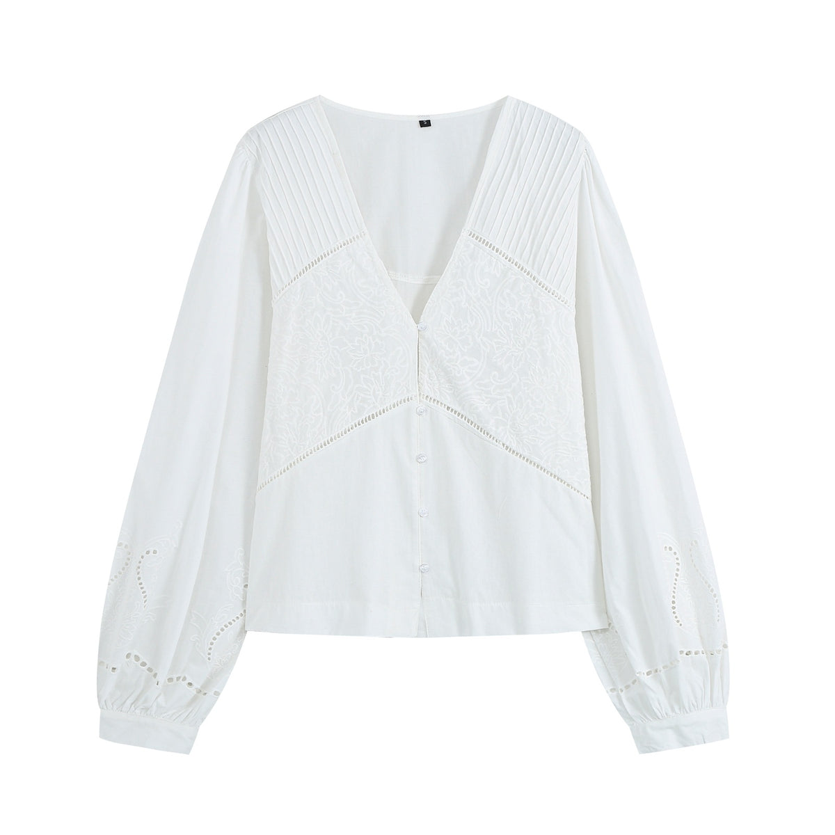 Women's blouse with V-neckline, broderie embroidery, and voluminous puff sleeves EVA-US