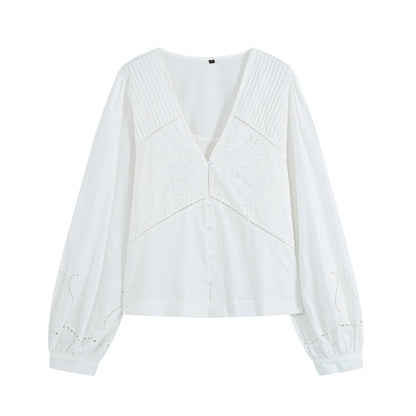 Women's blouse with V-neckline, broderie embroidery, and voluminous puff sleeves EVA-US