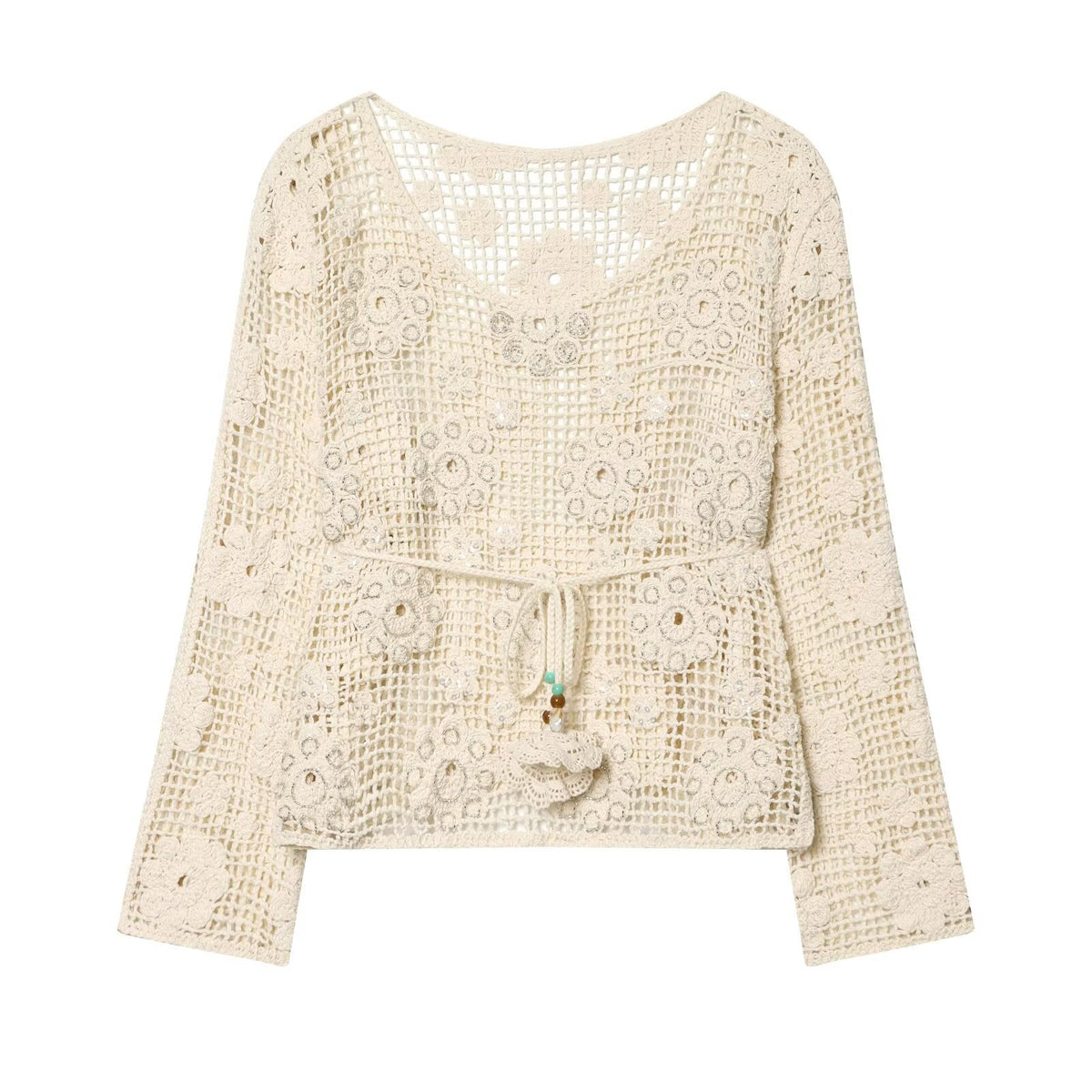 Women's crochet sweater with flower appliqués and drawstring EVA-US