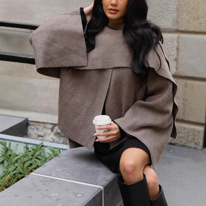 Women's Short Cape Jacket in Layered Look made of Wool Blend with Wide Batwing Sleeve EVA-US