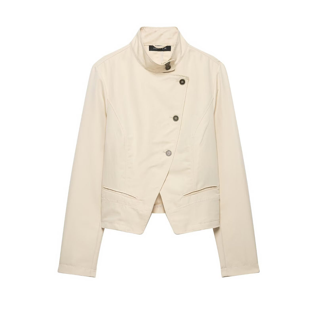 Women's asymmetrical cropped transitional jacket with stand-up collar and tailored fit EVA-US