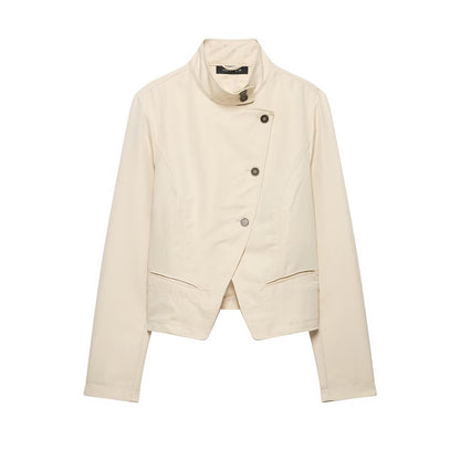 Women's asymmetrical cropped transitional jacket with stand-up collar and tailored fit EVA-US