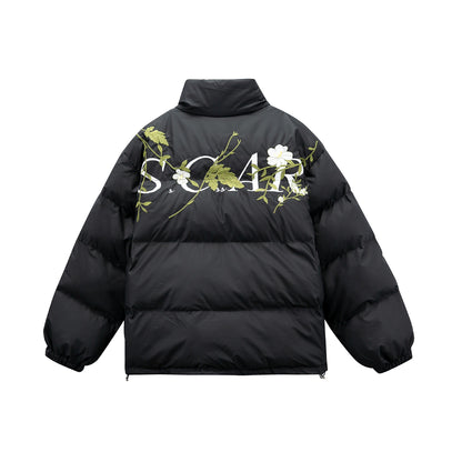 Women's Padded Oversized Quilted Jacket with Stand-up Collar and Floral Embroidery EVA-US