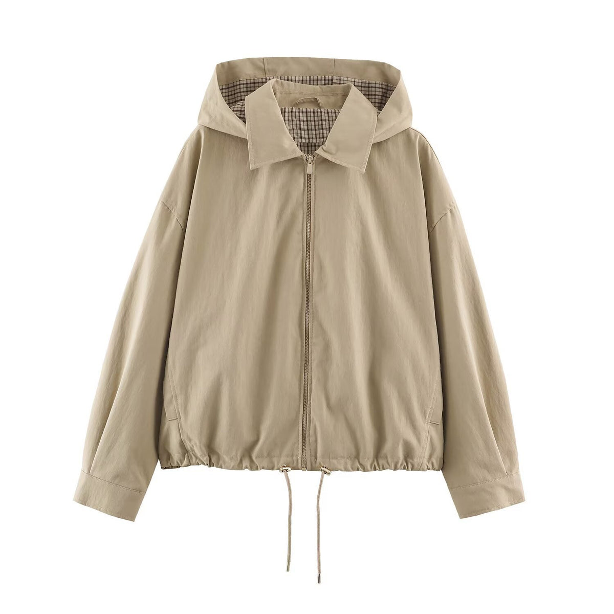Women's Lightweight Hoodie Jacket in Cropped Oversize Fit with Drawstring Hem and Concealed Zipper EVA-US