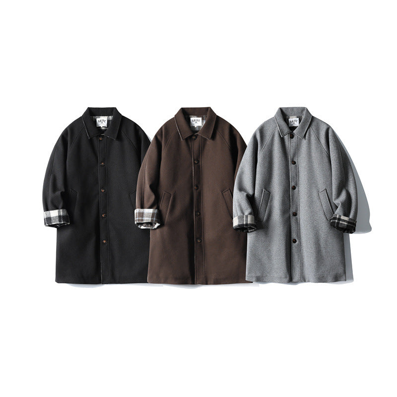 Men's Wool Blend Coat with Checked Lining, Raglan Sleeves and Classic Shirt Collar EVA-US