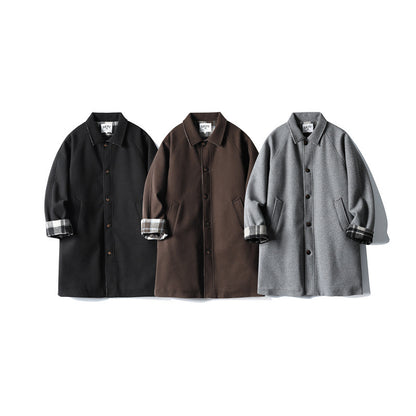 Men's Wool Blend Coat with Checked Lining, Raglan Sleeves and Classic Shirt Collar EVA-US