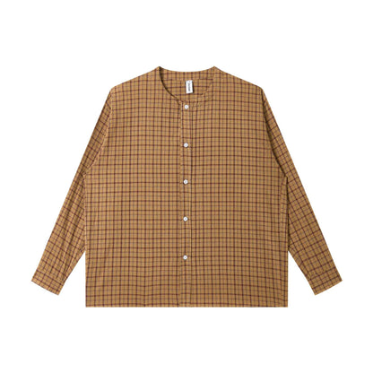 Women's Oversize Shirt Jacket with Round Collar, Continuous Button Placket and Checked Textured Fabric EVA-US