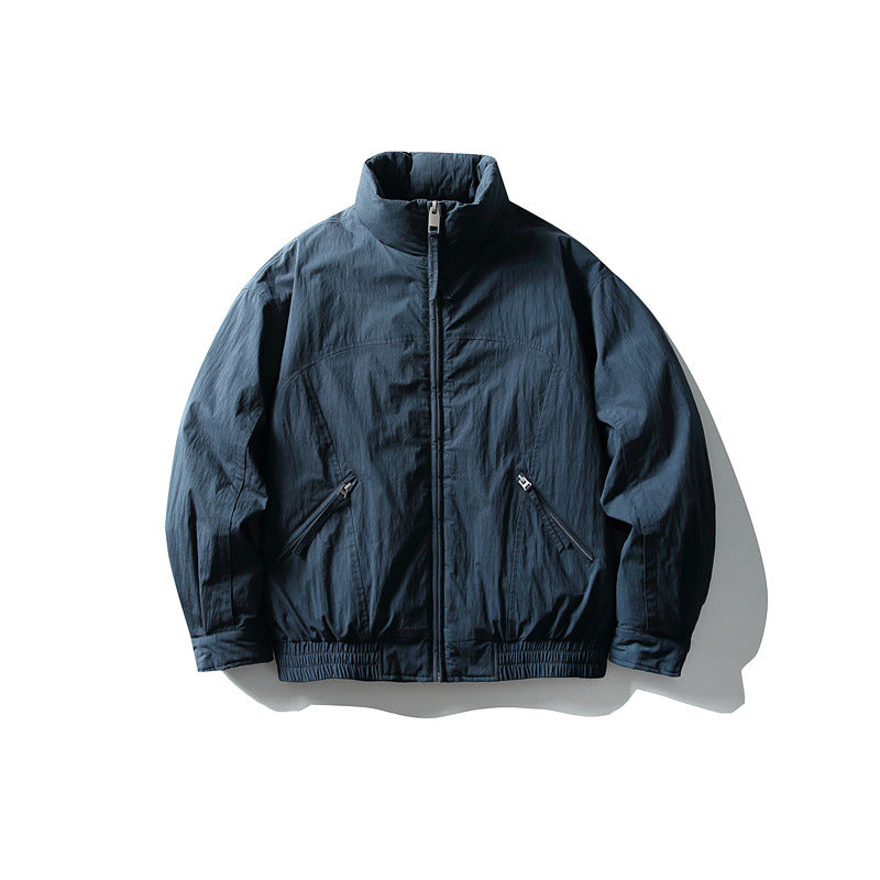 Men's Minimalistic Boxy Windbreaker Jacket with High Stand Collar and Diagonal Zipper Pockets EVA-US