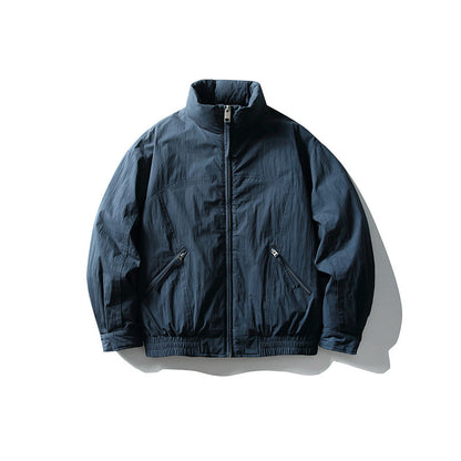 Men's Minimalistic Boxy Windbreaker Jacket with High Stand Collar and Diagonal Zipper Pockets EVA-US