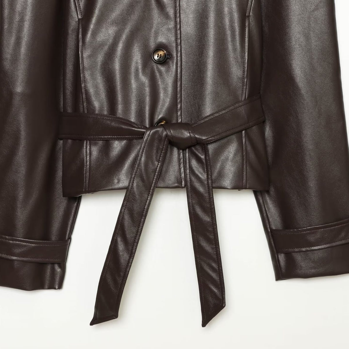 Women's Tailored Cropped Vegan Leather Jacket with Stand Collar and Tie Belt EVA-US