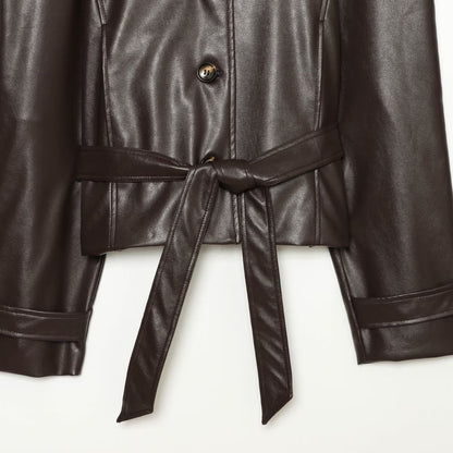 Women's Tailored Cropped Vegan Leather Jacket with Stand Collar and Tie Belt EVA-US