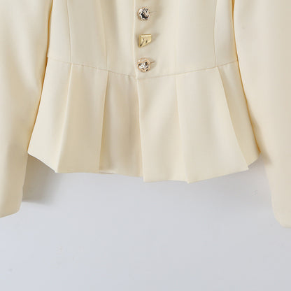 Women's Tailored Peplum Blazer with Stand Collar and Decorative Button Placket EVA-US