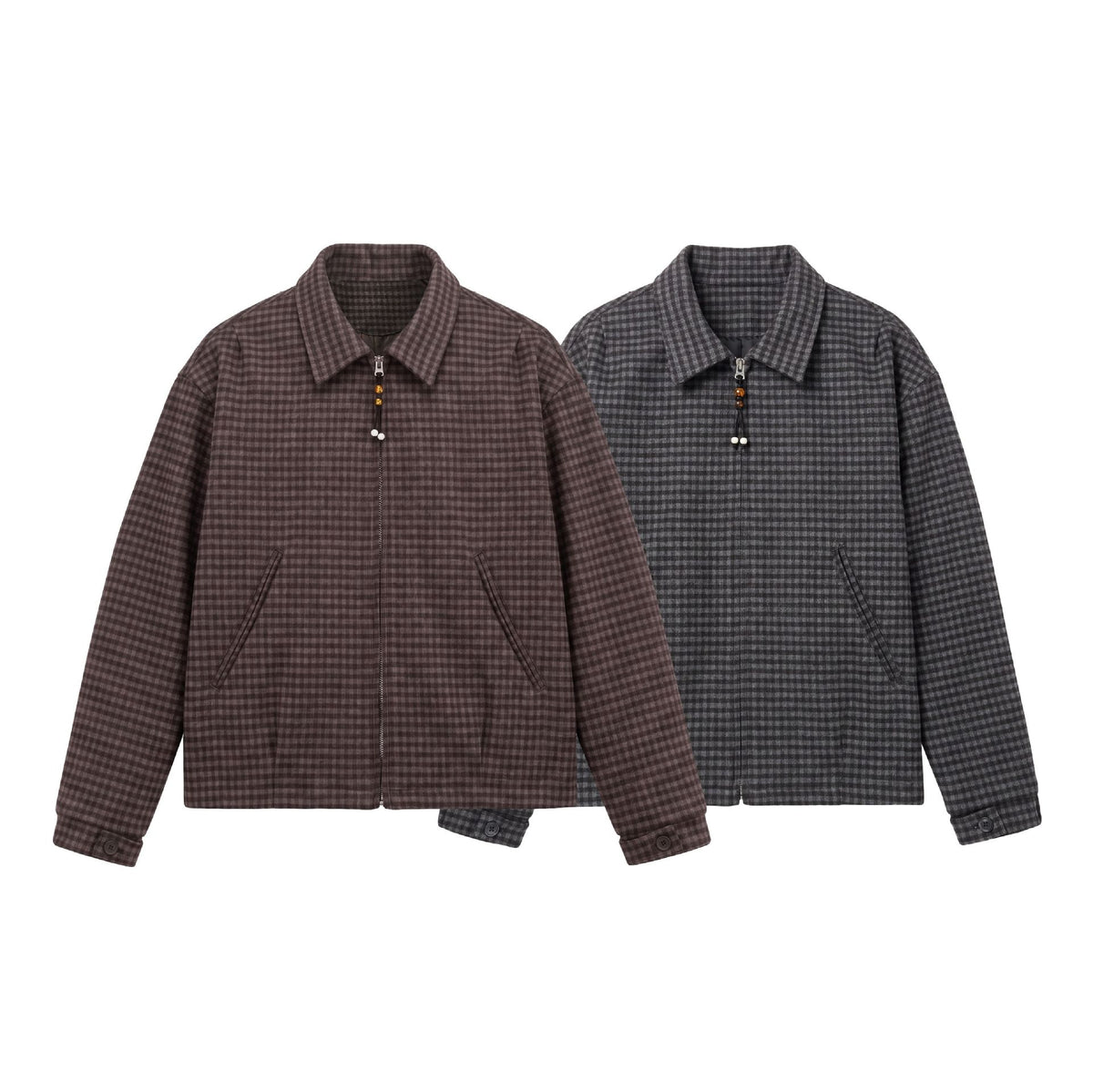 Men's Short-Cut Wool Blend Bomber with Houndstooth Pattern and Concealed Zipper