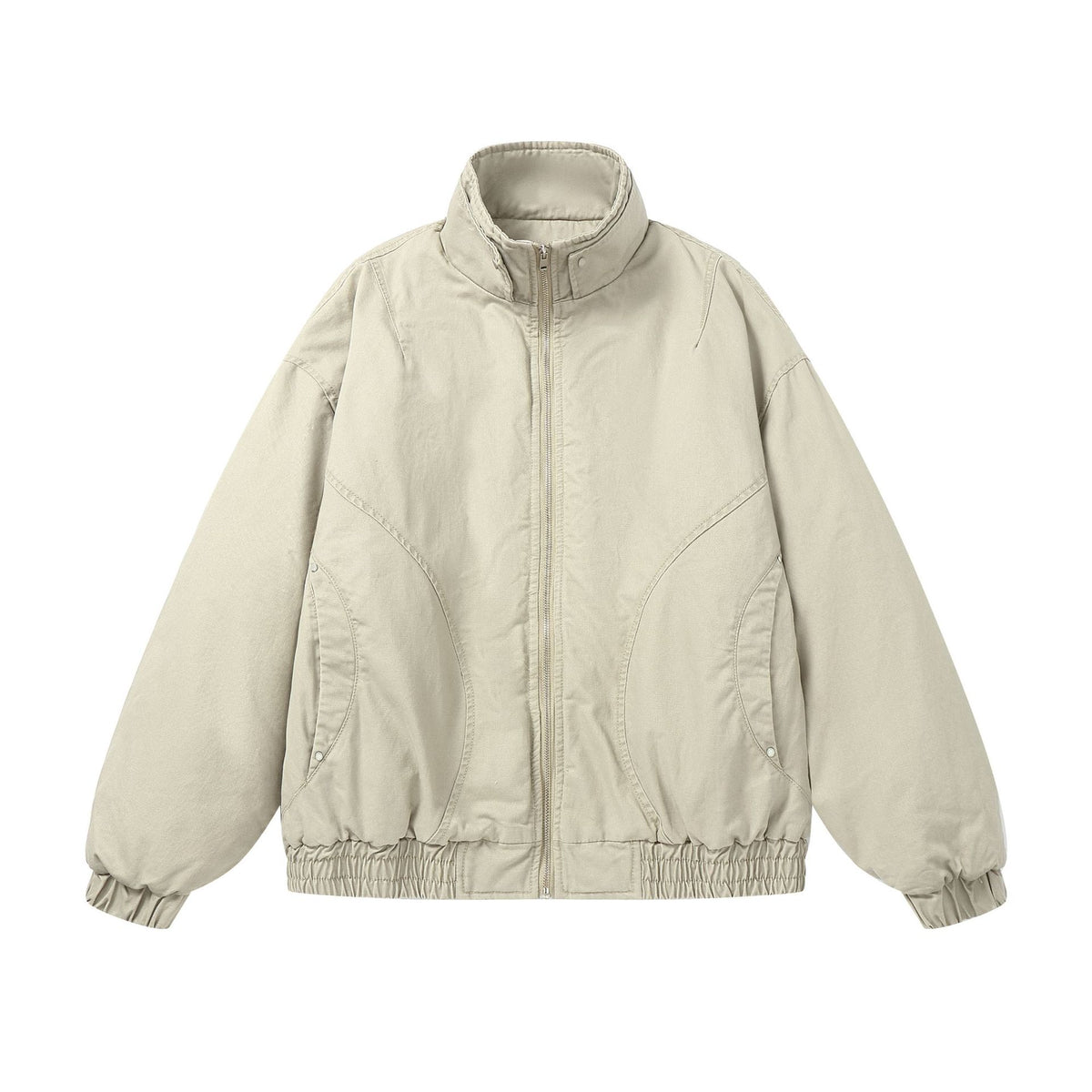 Women's boxy quilted bomber jacket with high stand-up collar and elastic hem