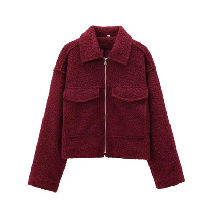Women's Short Cut Sherpa Jacket with Zip and Flap Pockets EVA-US