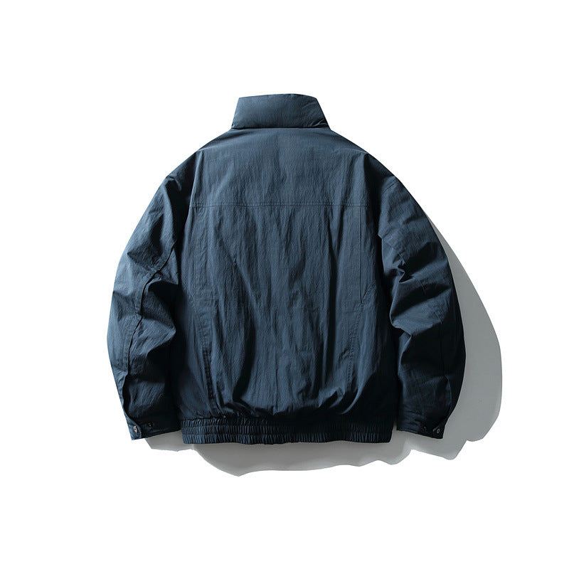Men's Minimalistic Boxy Windbreaker Jacket with High Stand Collar and Diagonal Zipper Pockets EVA-US