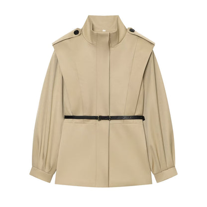 Women Short Cape Trench with High Funnel Collar and Waist Belt EVA-US