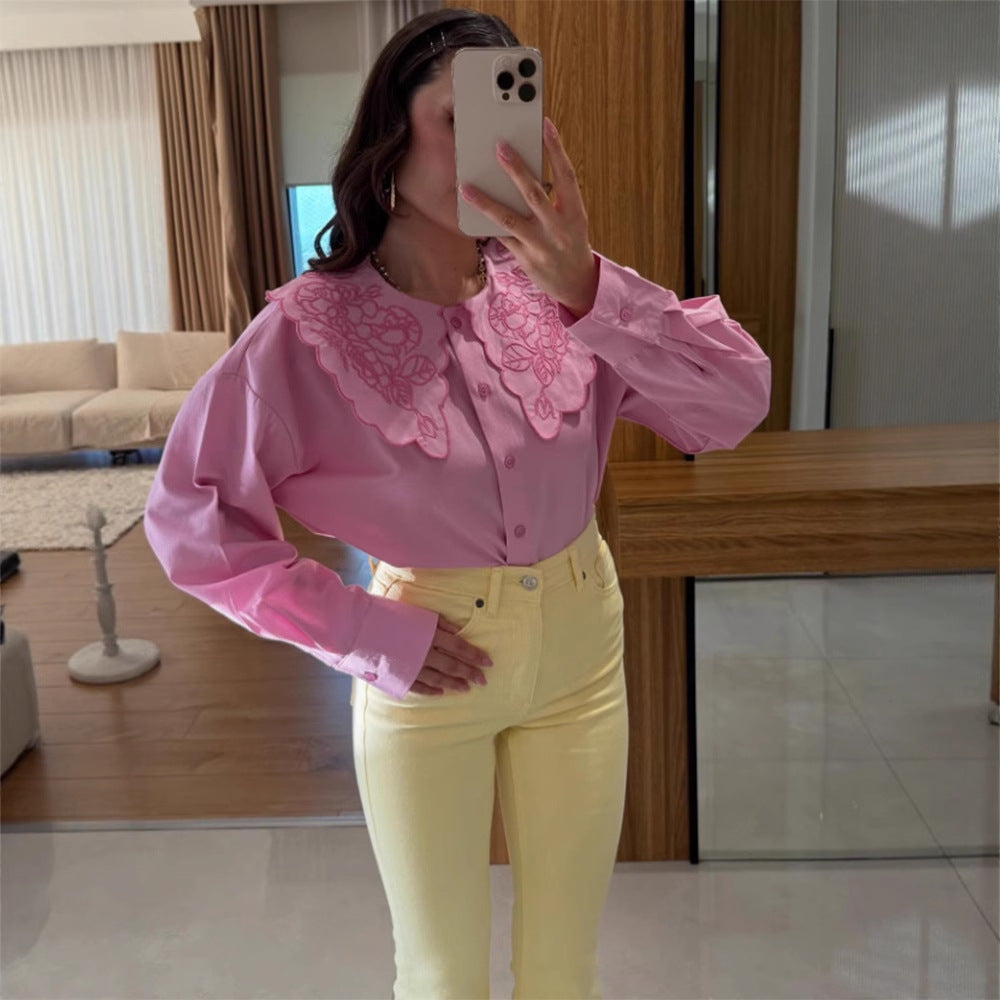 Women's blouse with oversized embroidered lace collar, balloon sleeves & boxy silhouette EVA-US